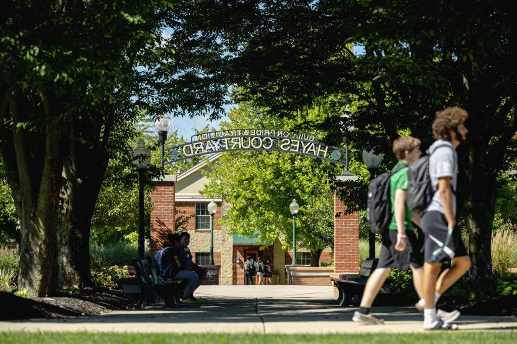 Students walking around campus